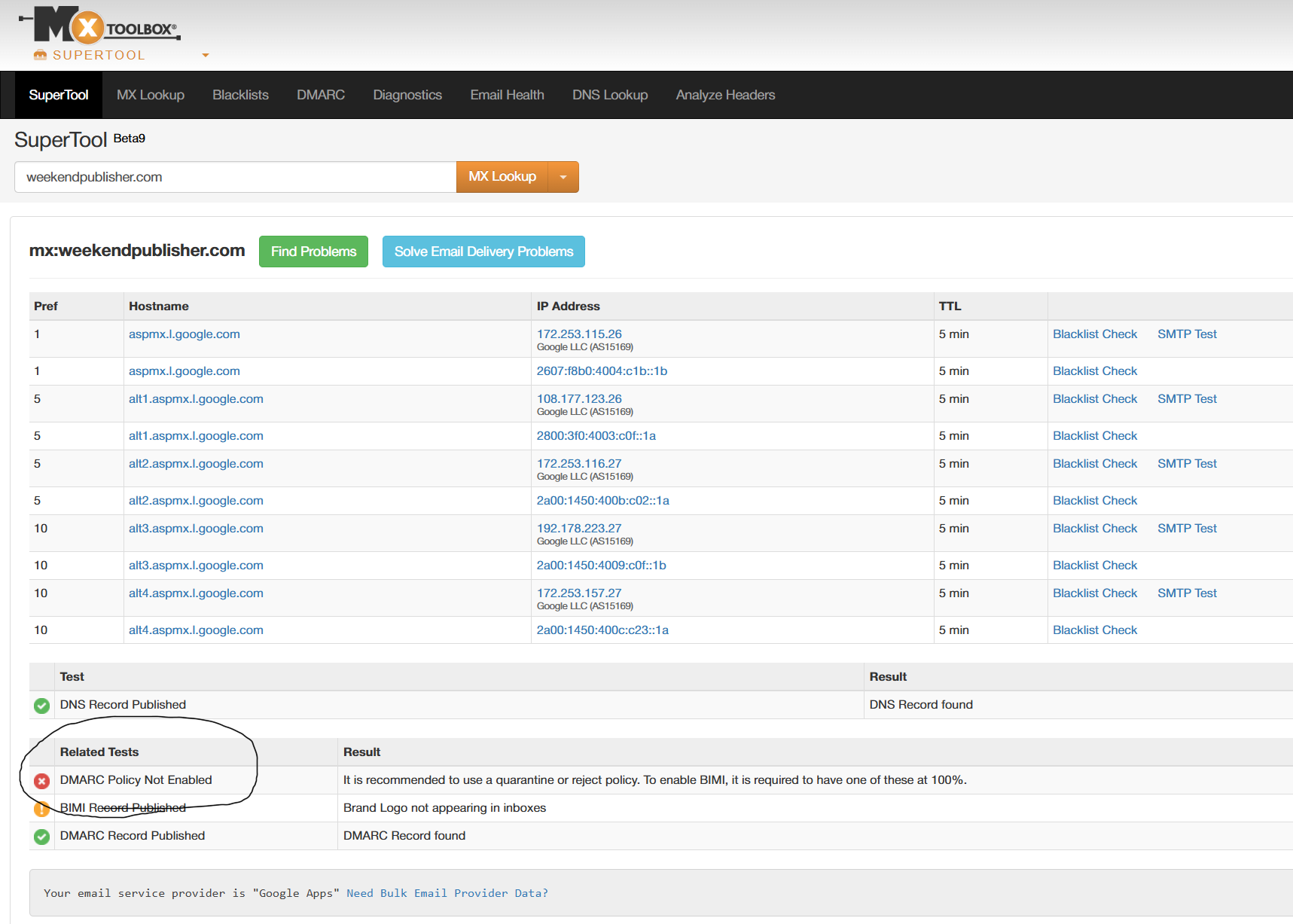 A DMARC lookup result showing the policy was not enabled.