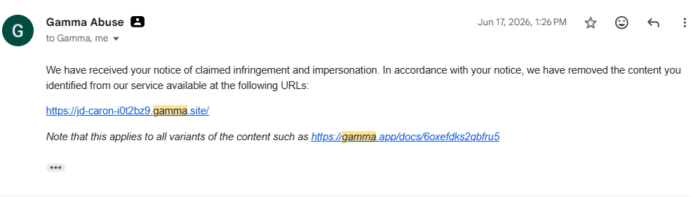 Gamma's abuse team replying to confirm the clone site was removed.
